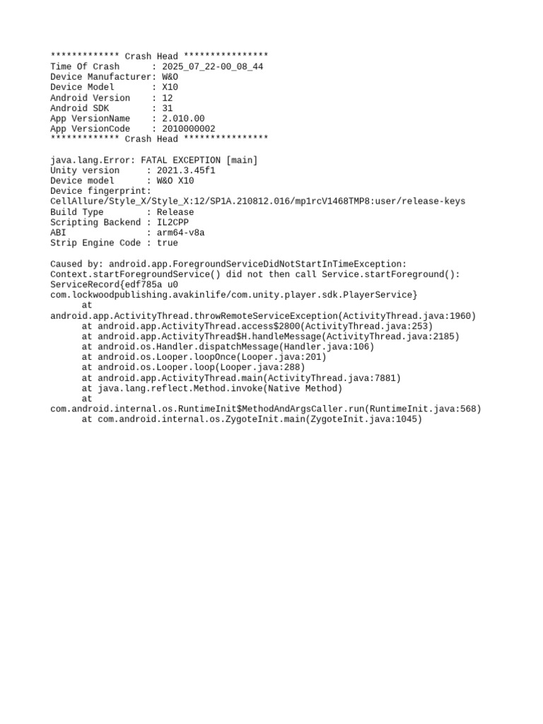 W&O X10 Crash Report: Foreground Service Error | PDF