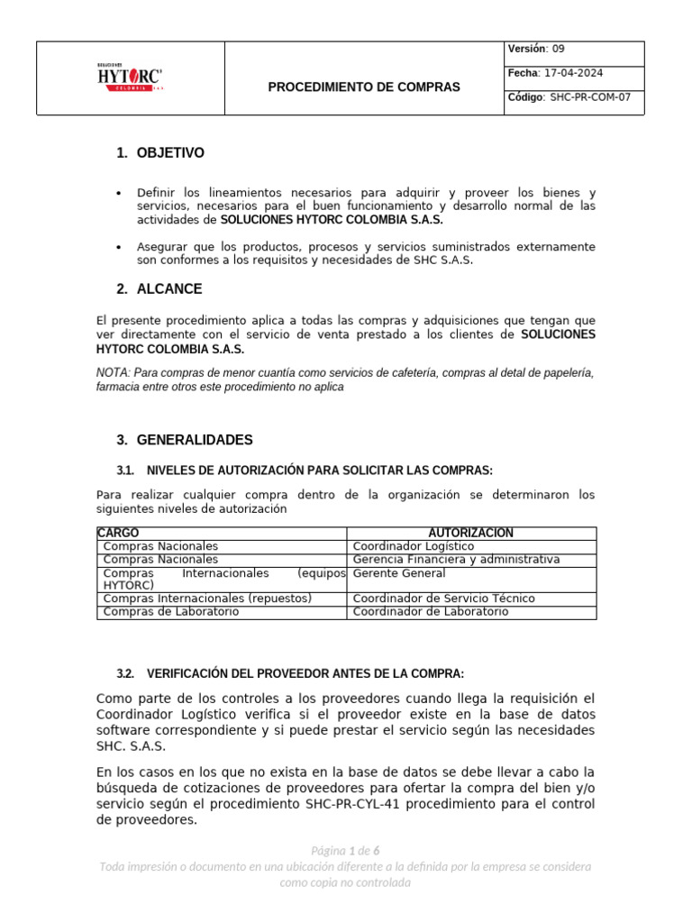 Shc-Pr-Com-07 Procedimiento de Compras v9 | PDF | Logística | Software