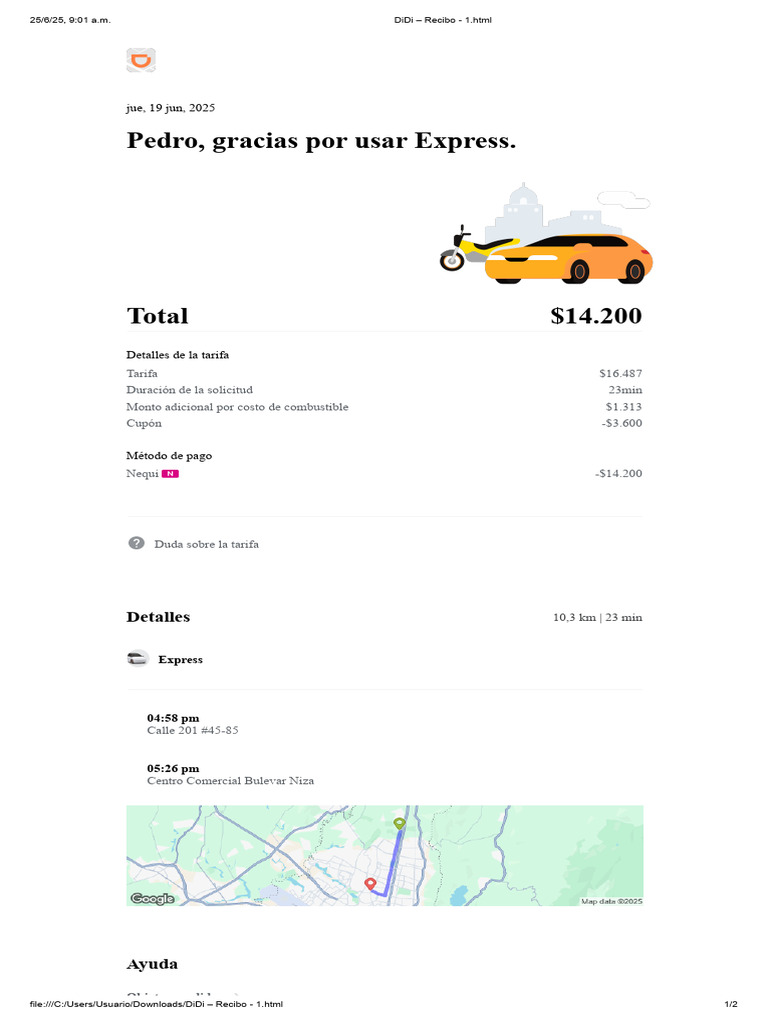 Recibo de viaje DiDi: Detalles y tarifas | PDF