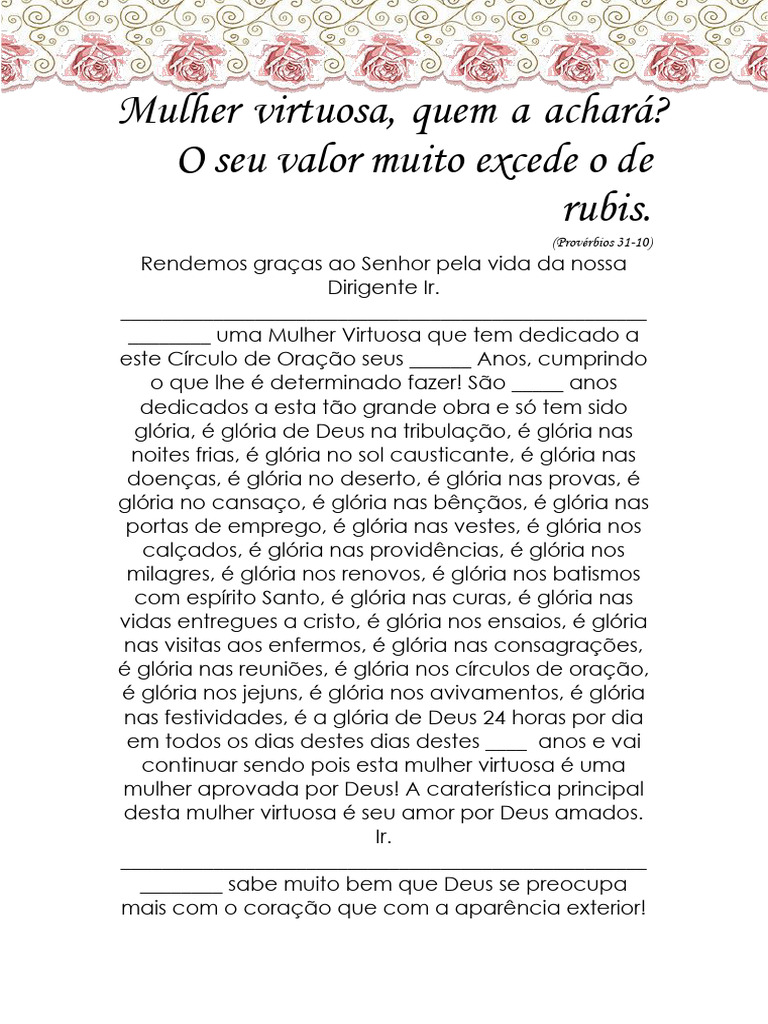 Homenagem à Mulher Virtuosa | PDF | Deus | Oração