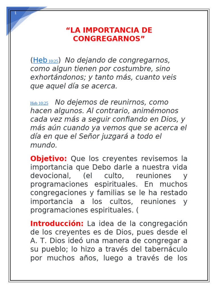 La Importancia de Congregarnos | PDF | Oración | eucaristía