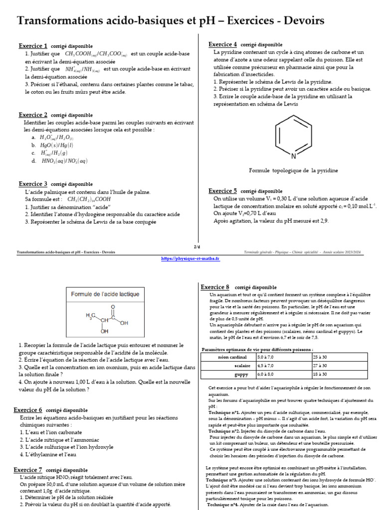 Acides et bases : Exercices pratiques | PDF | Ph | Acide