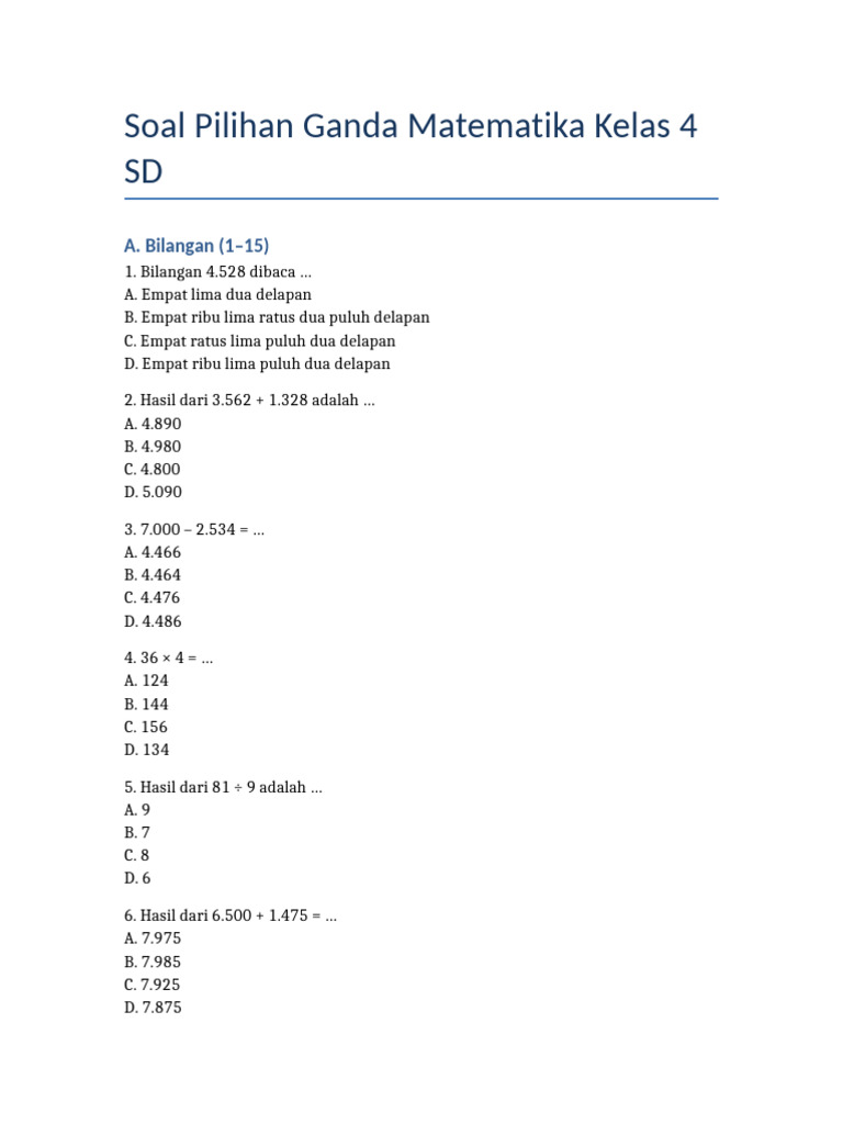Soal Pilihan Ganda Matematika Kelas 4 | PDF