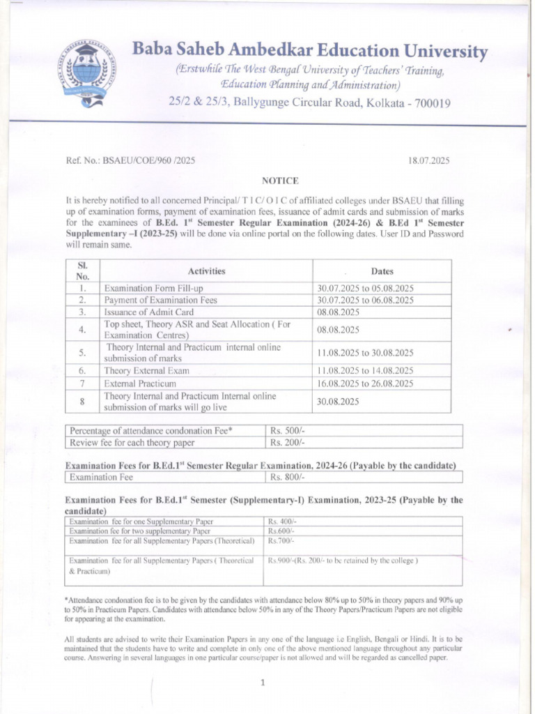 Notice For B Ed 1st Semester | PDF
