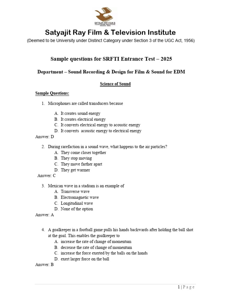 SRFTI Sound Design Entrance Test Questions | PDF | Sound | Waves
