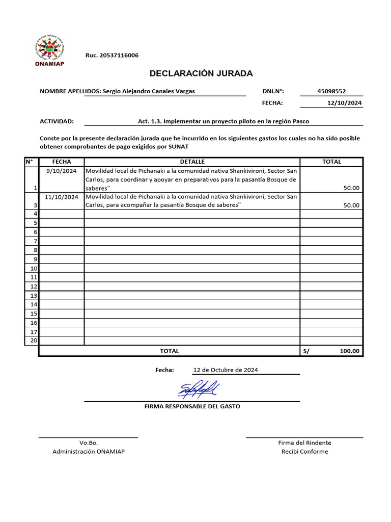 Declaración Jurada de Gastos 2024 | PDF