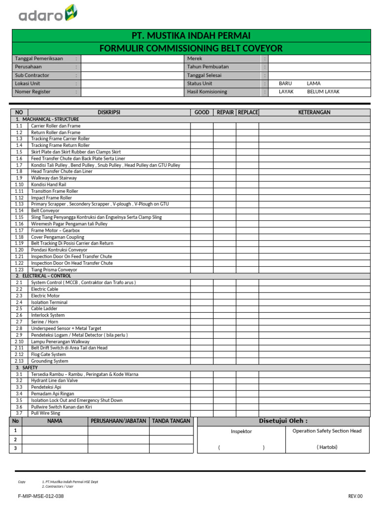 Conveyor Belt Inspection Checklist | PDF | Manufactured Goods