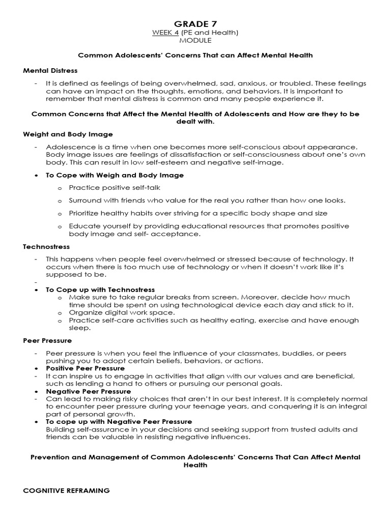 Adolescent Mental Health Concerns Guide | PDF | Body Image | Adolescence