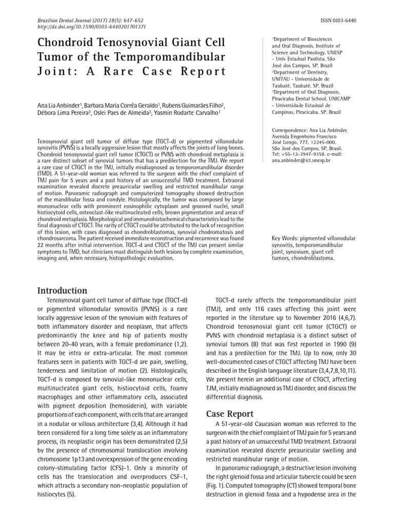 Chondroid Tenosynovial Giant Cell Tumor of The Temporomandibular Joint ...