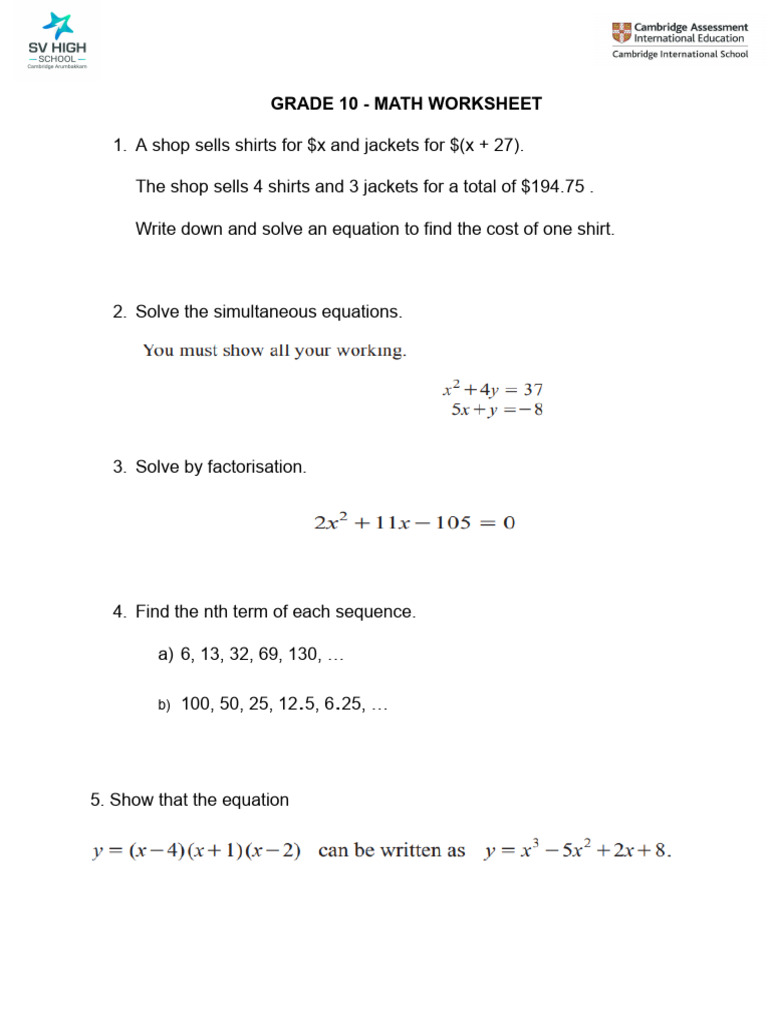 Grade 10 - Math Worksheet - 24!7!25 | PDF