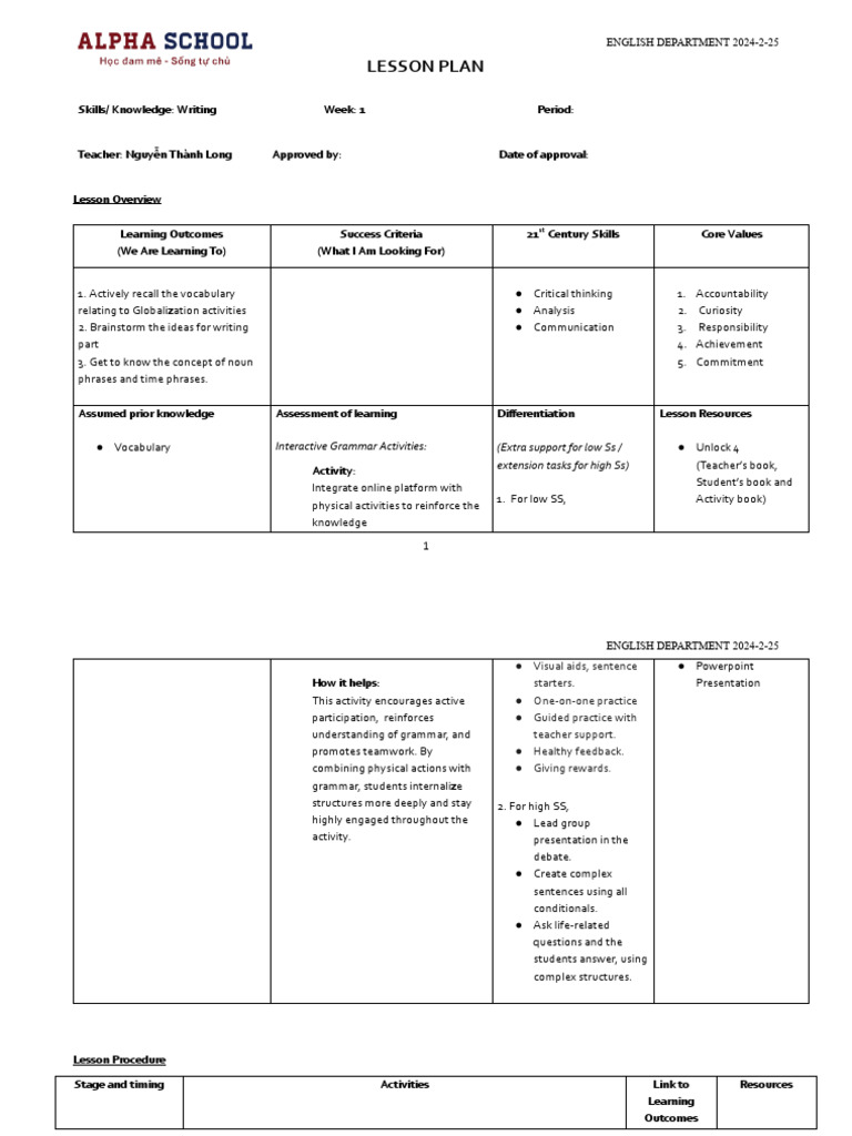 Lesson Plan - Nguyen Thanh Long | PDF | Teachers | English Language