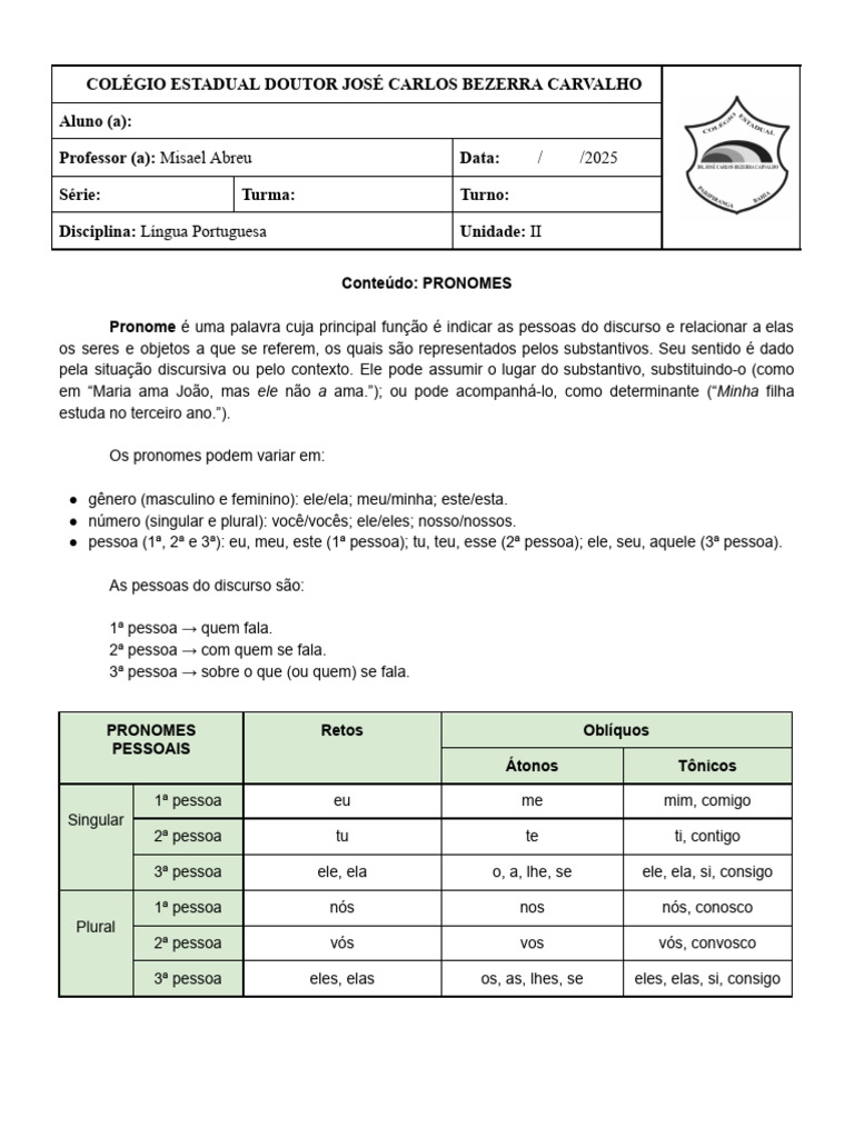 Tipos e Usos de Pronomes em Português | PDF | Pronome | Sintaxe
