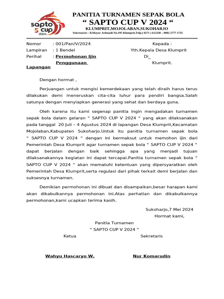 Turnamen Sepak Bola Sapto Cup V 2024 | PDF