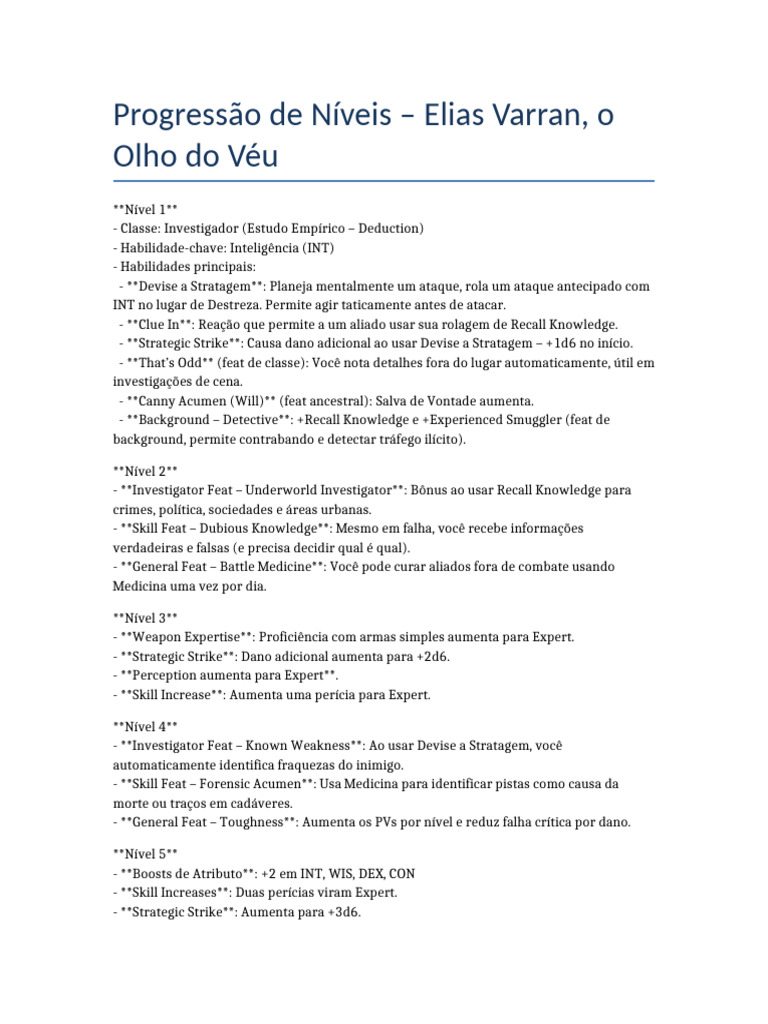 Progressão de Níveis: Investigador Elias Varran | PDF