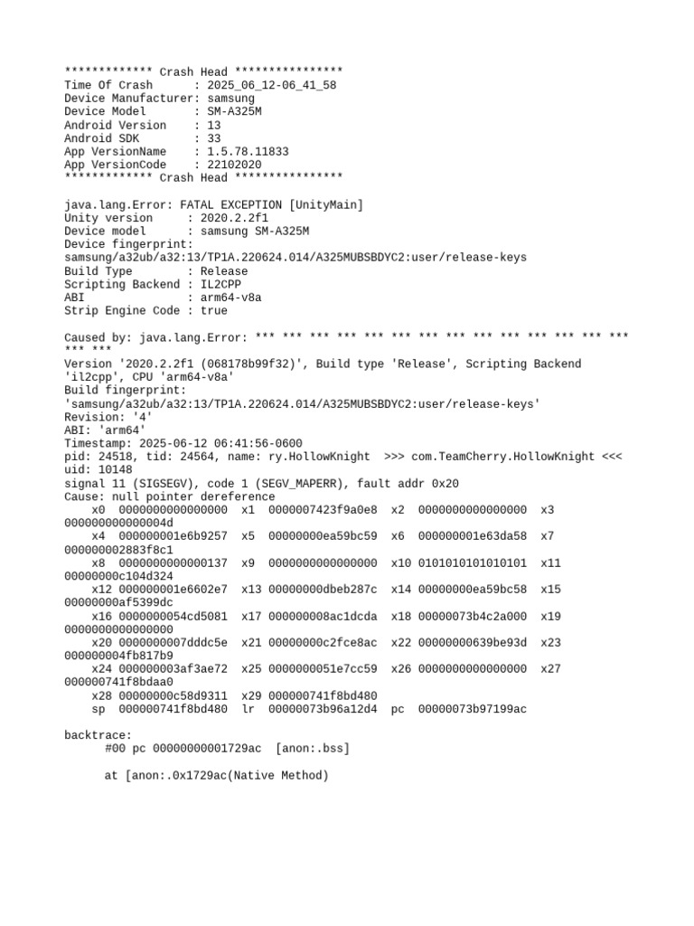 Samsung Crash Log: Unity Error 2025 | PDF