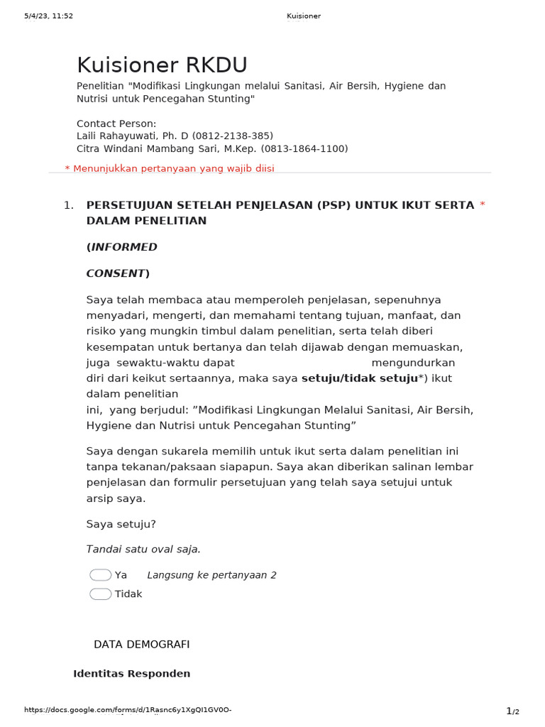 Kuisioner Penelitian RKDU Stunting | PDF