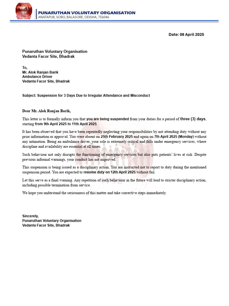 Suspension Notice for Negligence | PDF