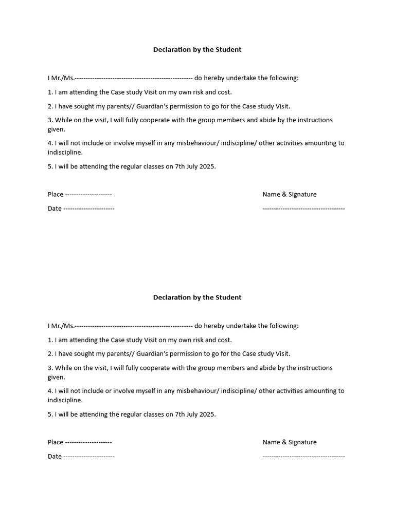 Student Declaration for Case Study Visit | PDF