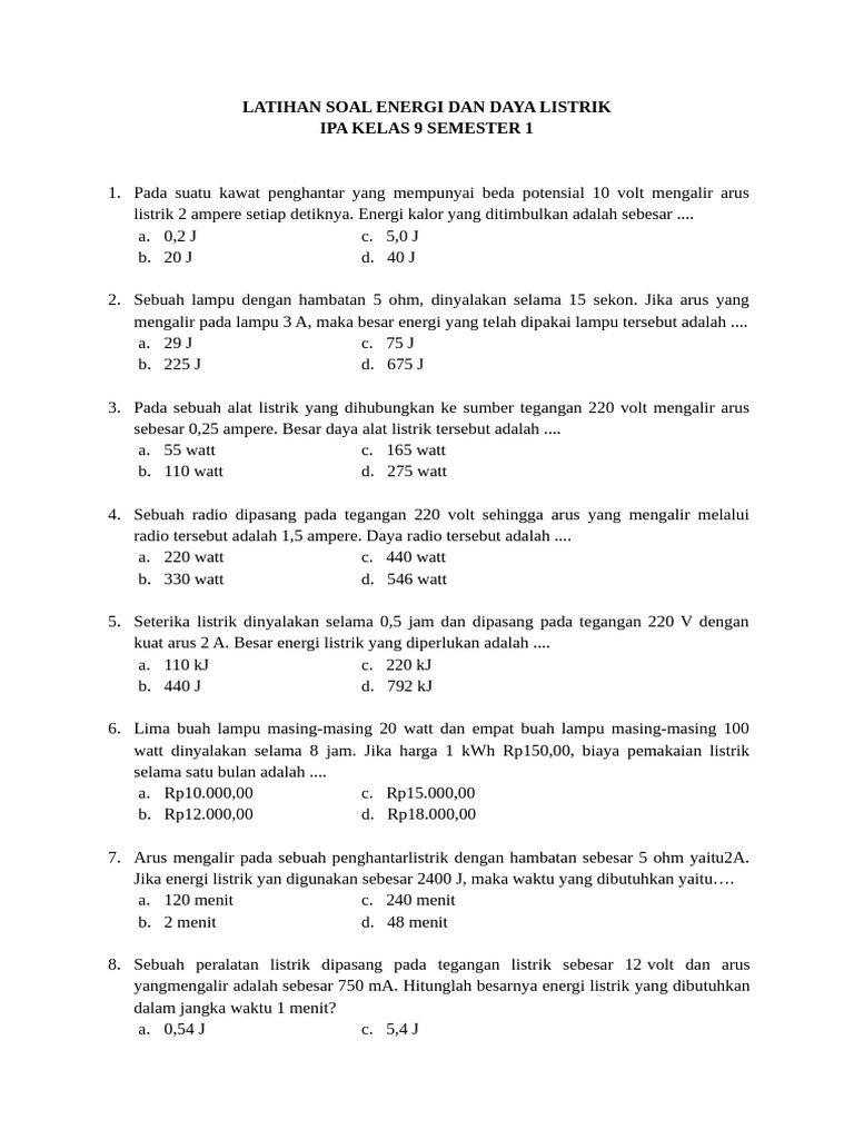 Soal Energi dan Daya Listrik Kelas 9 | PDF