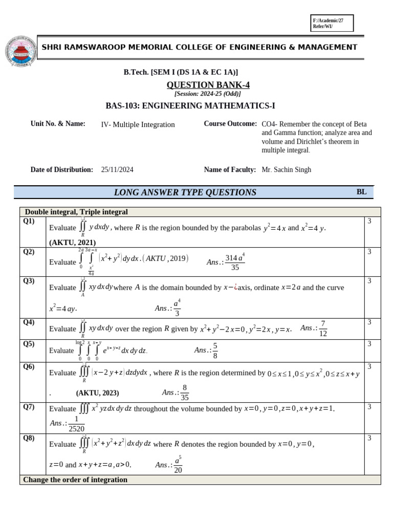 B.Tech Engineering Mathematics I Question Bank | PDF | Area ...