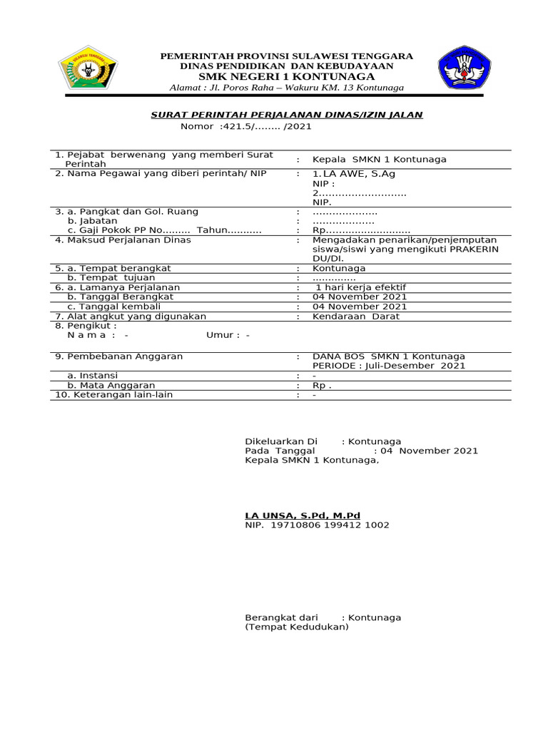 Contoh SPPD Sekolah Terisi Lengkap | PDF