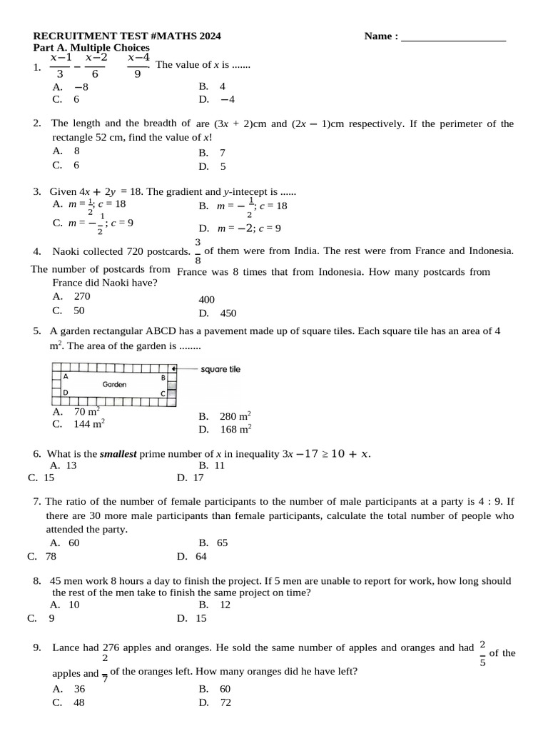 Maths Recruitment Test 2024 Questions | PDF | Mathematical Concepts ...
