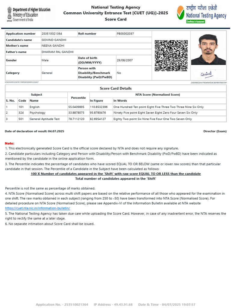 CUET (UG) 2025 Score Card for Govind Gandhi | PDF | Student Assessment ...