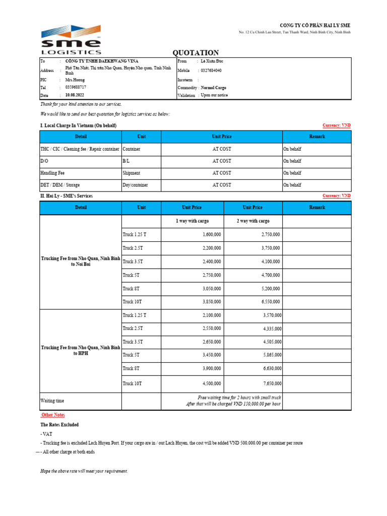 Trucking Quotation-Daekwang Vina 10.08.2022 | PDF | Cargo | Transport