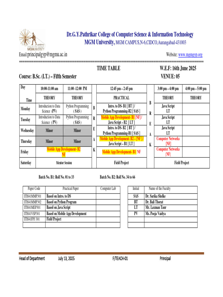 B.Sc. & B.C.A. Fifth Semester Timetable | PDF | Computer Science | Data