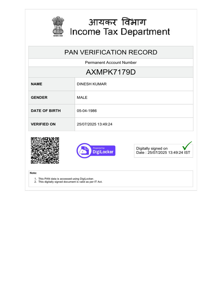 PAN Verification Record for Dinesh Kumar | PDF