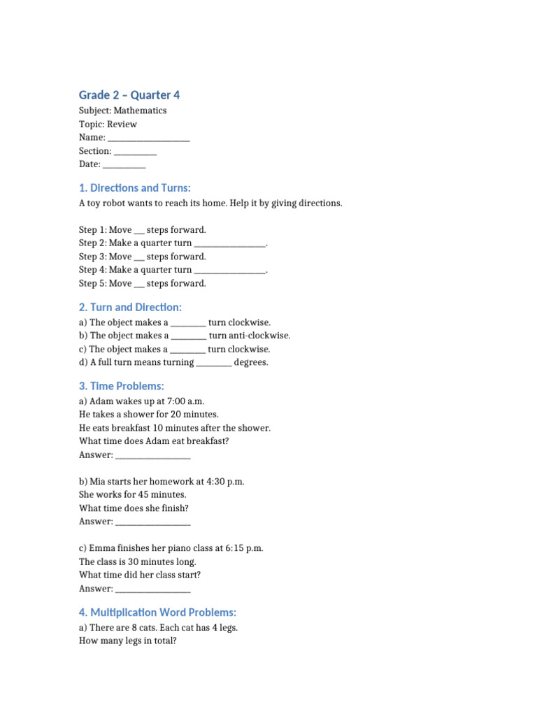 2nd Grade Math Review Worksheet | PDF
