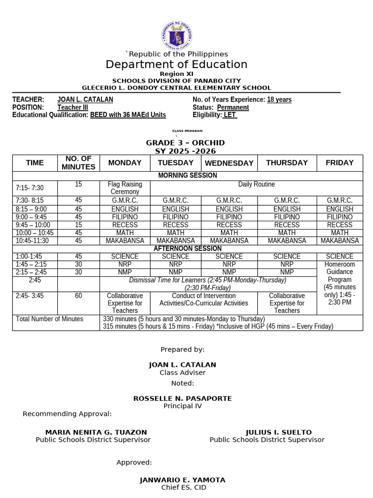 Grade 3 Class Program Schedule 2025-2026 | PDF