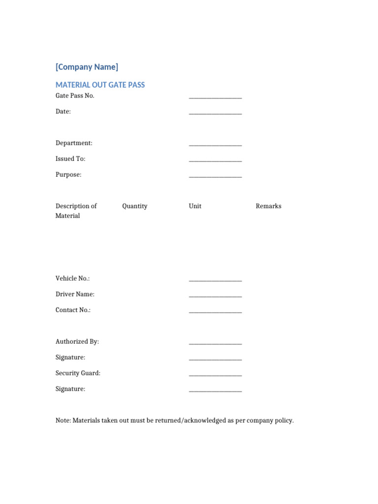 Material Out Gate Pass | PDF