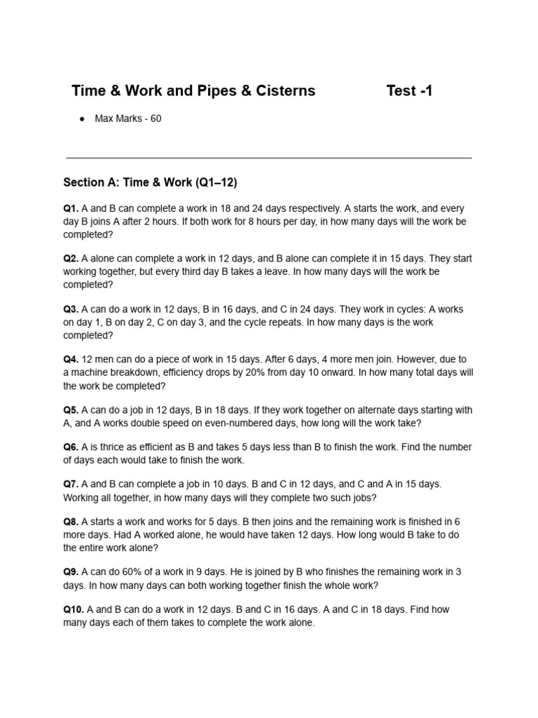Time and Work Test Paper Iquanta | PDF