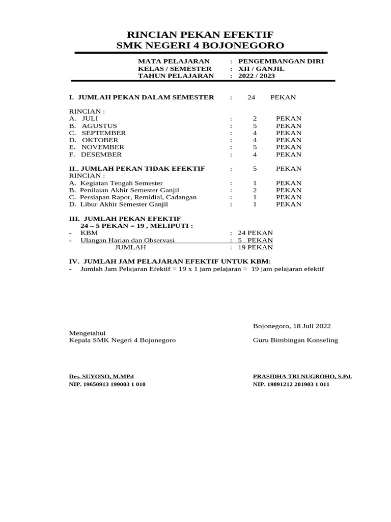 Rincian Pekan Efektif SMK 4 Bojonegoro | PDF