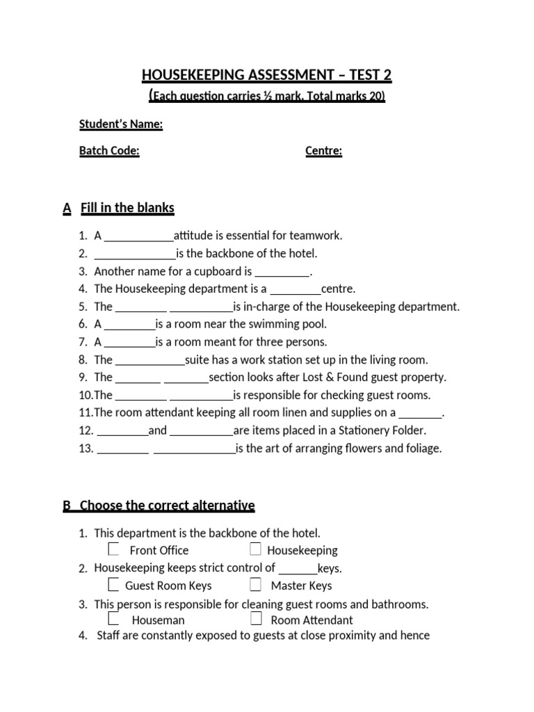 Housekeeping Assessment Test Questions | PDF | Housekeeping