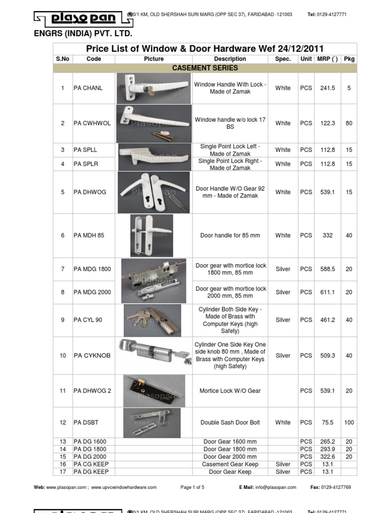 Window Hardware Price List 24 Dec 11 Door Building Materials