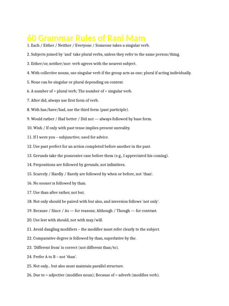 60 Essential Grammar Rules by Rani Mam | PDF | Verb | Grammatical Number