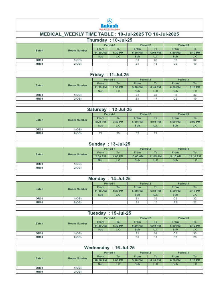 Med Time Table - 10 - 07 - 2025 To 16 - 07 - 2025 | PDF