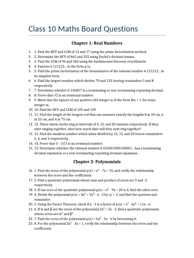Class 10 Maths Board Questions Guide | PDF | Numbers | Polynomial