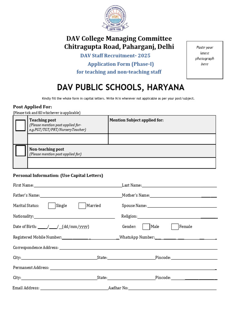 DAV Staff Recruitment Application 2025 | PDF