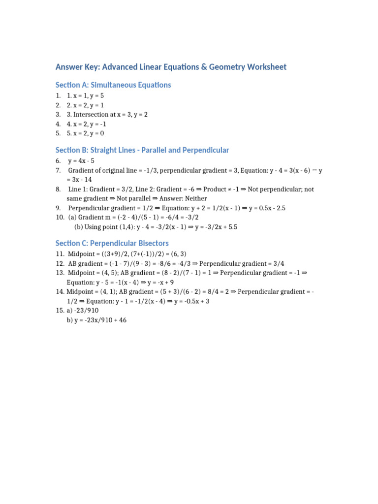 Advanced Linear Equations Answer Key | PDF
