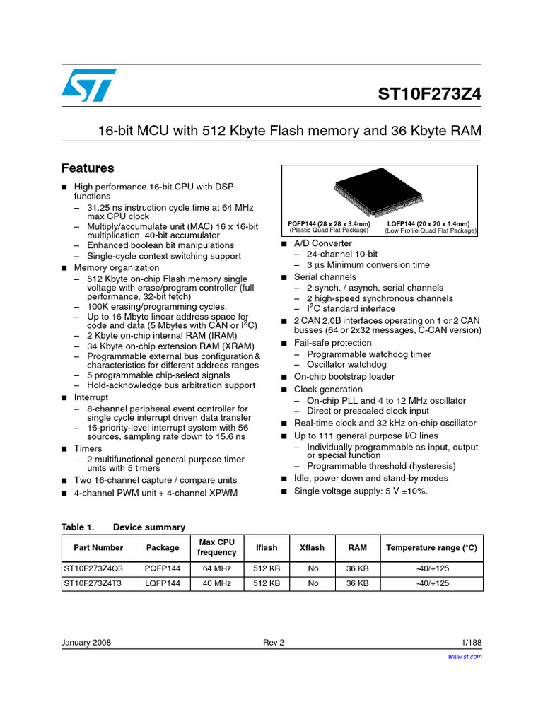 ST10F273Z4 16-bit MCU Overview | PDF | Microcontroller | Flash Memory