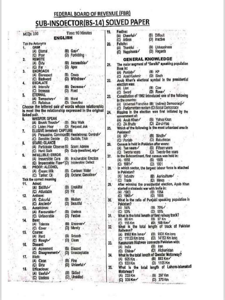 FBR Sub Inspector Past Paper | PDF