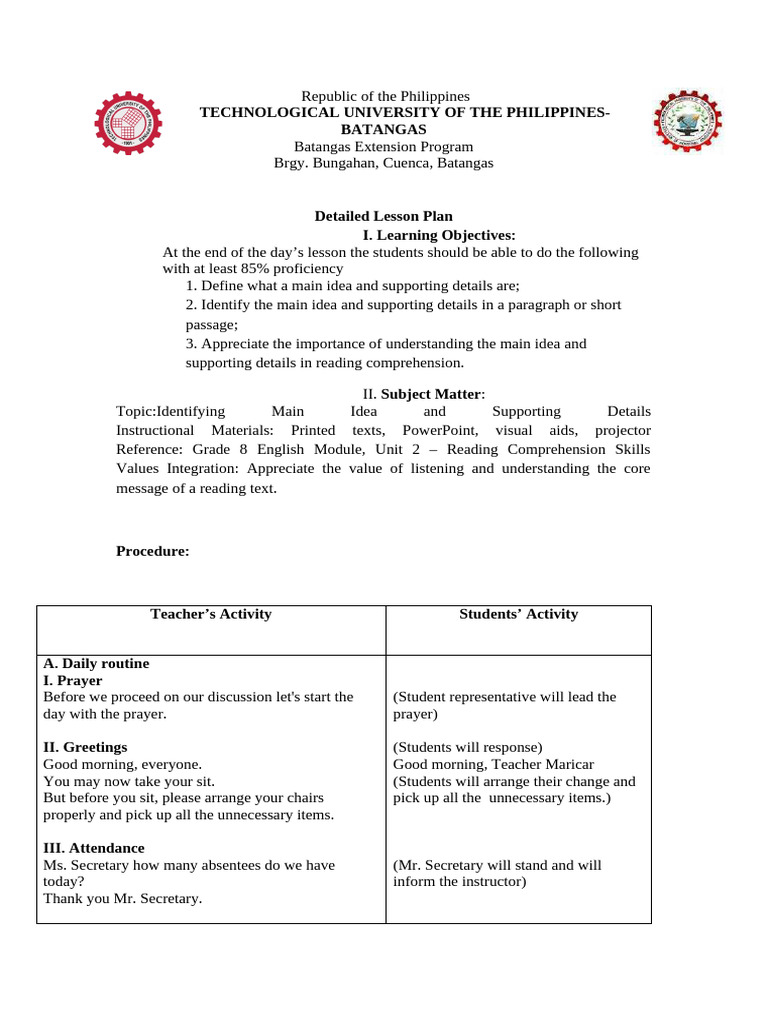 Main Idea and Supporting Details Lesson Plan | PDF | Reading ...
