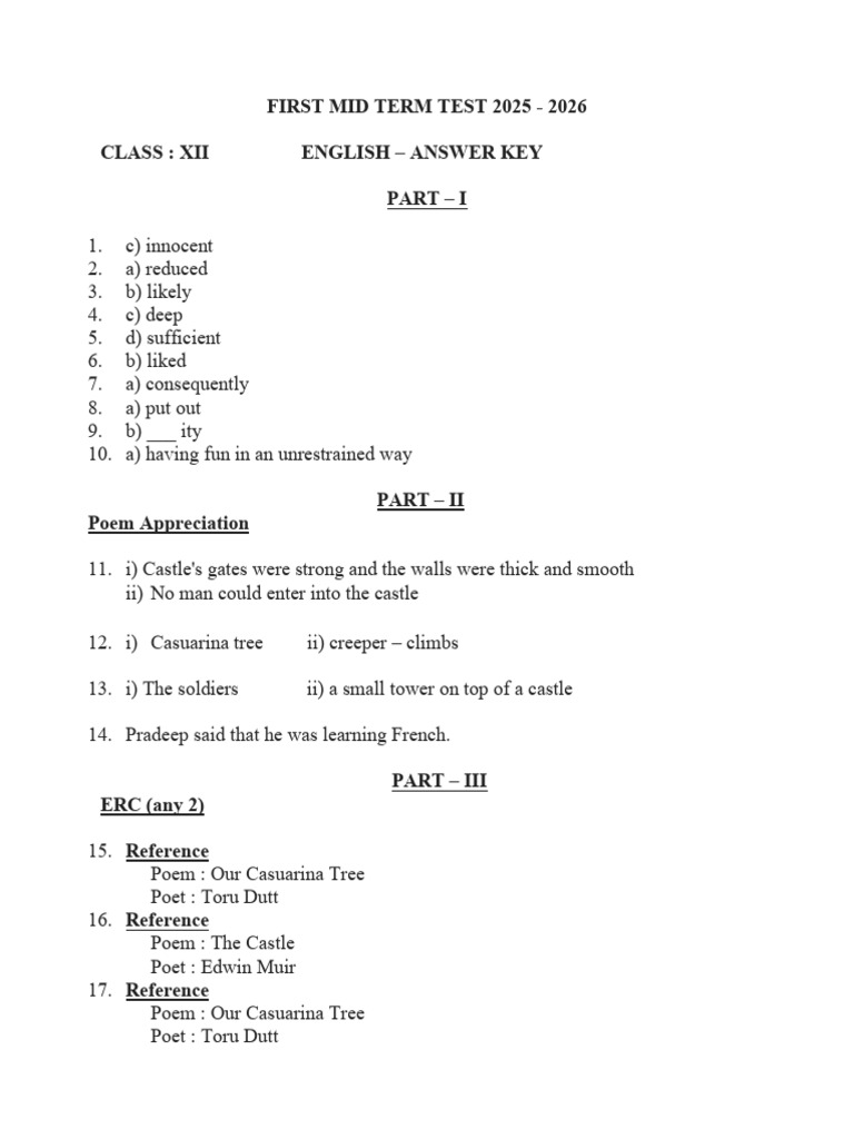 Class 12 English Mid Term Answer Key 2025 Pdf