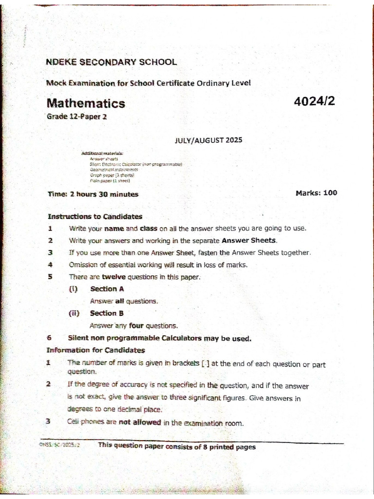 Mathematics Paper 2 Mock Exam 2025 | PDF