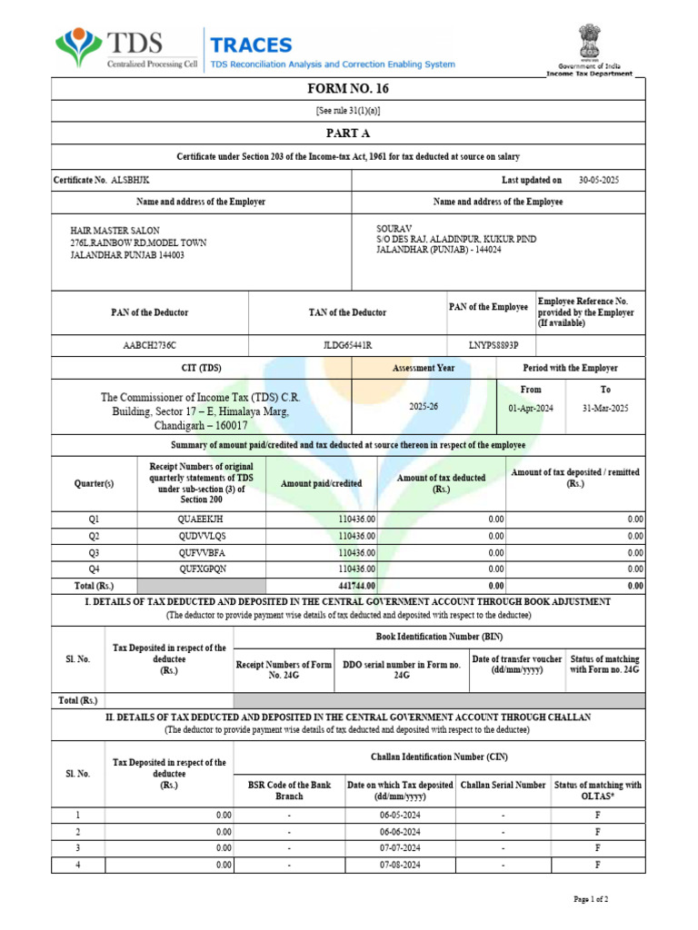Form 16 TDS Certificate for 2025-26 | PDF | Tax Deduction | Pension