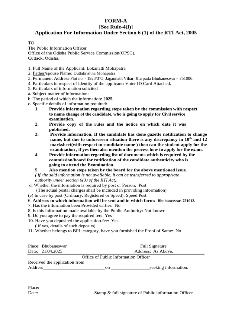 RTI Application Form for OPSC Information | PDF