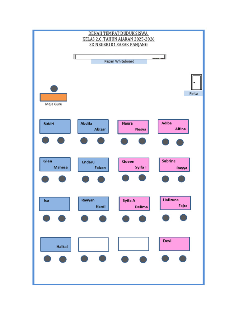 Denah Tempat Duduk Kelas 2.C SD 01 | PDF